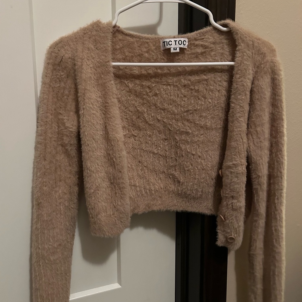 Women's Cropped Tan Fuzzy Cardigan